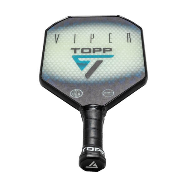 Top-down view of a black pickleball paddle with VIPER and TOPP logos, and USA text.