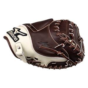 Side view of a brown and white catchers mitt with Mizuno logo and white lacing.