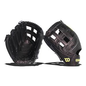 Two black baseball gloves with white stitching and yellow Wilson logos.