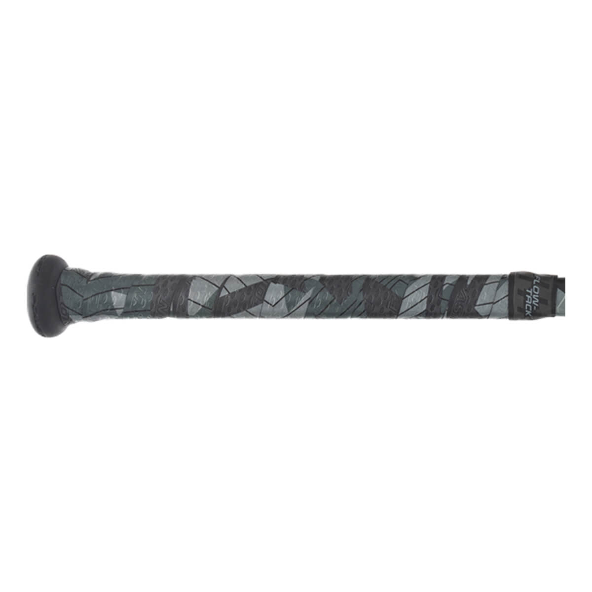 Side view of a gray camouflage baseball bat grip with a black knob and LOW-TACK text.