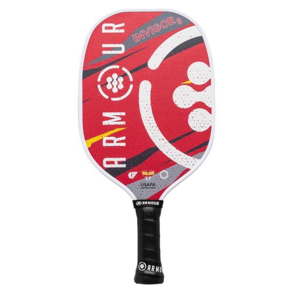 Front view of a red pickleball paddle with ARMOUR INVIGOR 8 text and a USAPA approved logo.