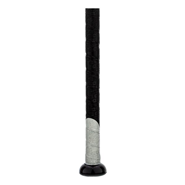Close-up of a black baseball bat with a textured grip and silver patterned band.