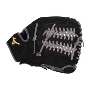 Side view of a black baseball glove with grey lacing and a gold Mizuno logo.