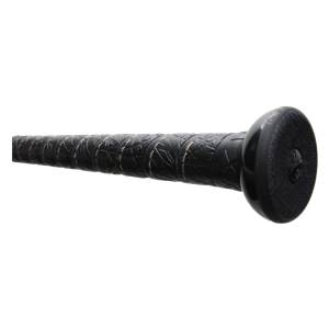 Side view of a black slow pitch softball bat with a textured grip and a black end cap.