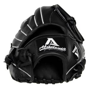 Front view of a black Akadema Pro Series glove with white stitching and embroidered logos.