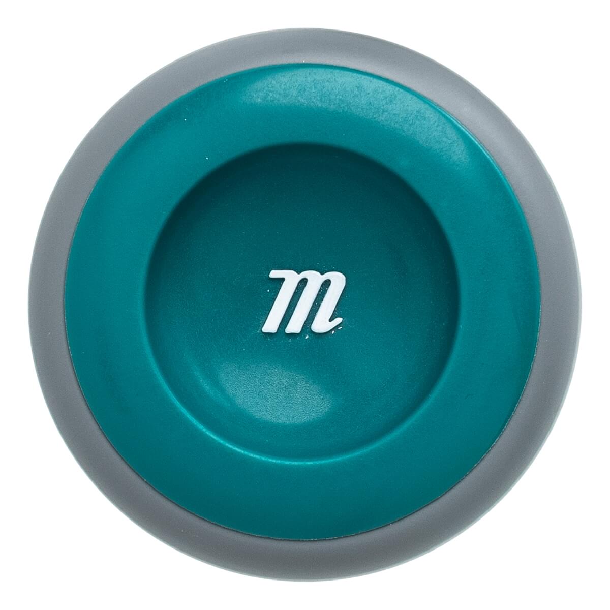 Top-down view of a grey and teal baseball bat end cap with a white m logo.
