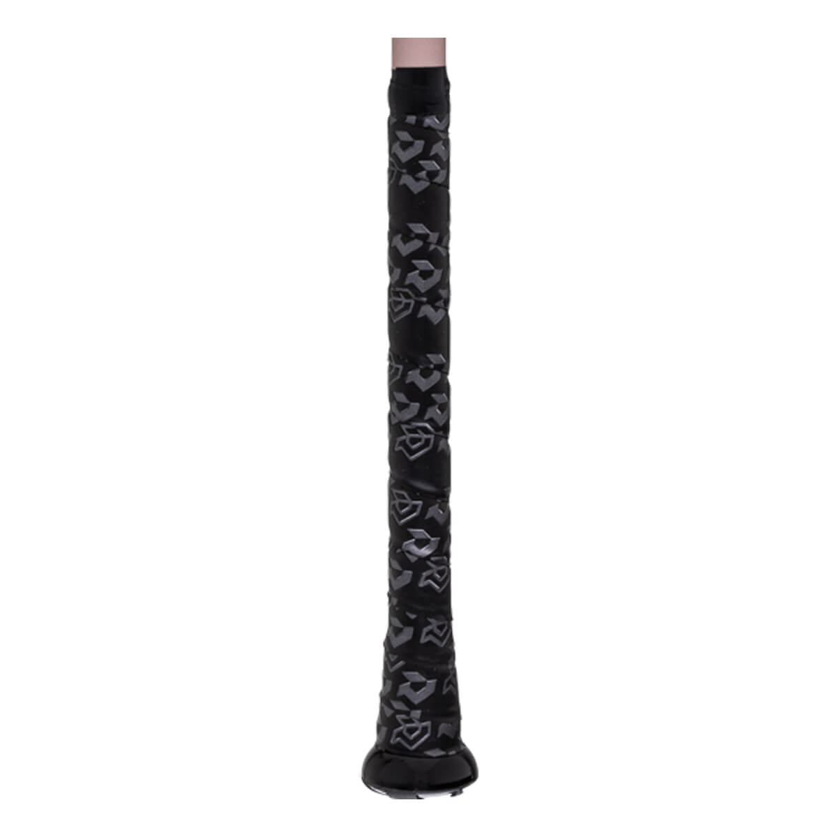 Handle view of a black baseball bat grip with gray patterned texture, black knob, and rose gold shaft.