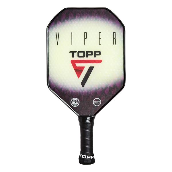 Front view of a white pickleball paddle with VIPER and TOPP logos, and a purple gradient edge.