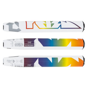 Top-down view of a white fastpitch softball bat with rainbow gradient and DeMarini branding.
