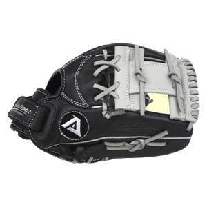 Side view of a black baseball glove with white lacing and an A logo.