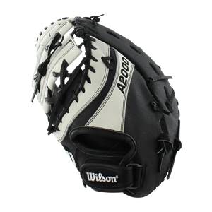 Top-down view of a black and white baseball glove with A2000 text and a Wilson logo.
