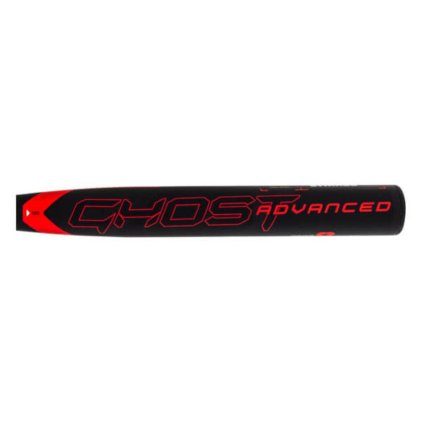 Close-up of a black fastpitch softball bat barrel with red GHOST ADVANCED text and a red chevron design.