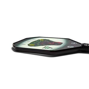 Side view of a black pickleball paddle with a green and red snake graphic and TOPP logo.