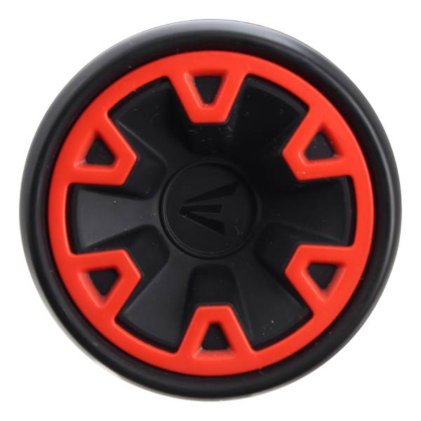 Top-down view of a black baseball bat end cap with red accents and an Easton logo.