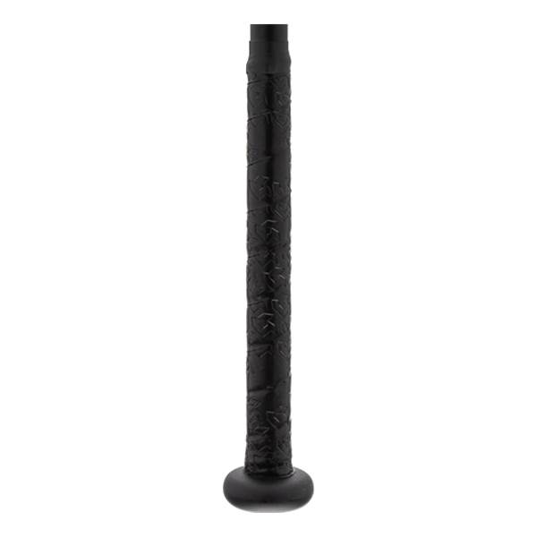 Close-up of a black baseball bat grip with a textured pattern and a black knob.