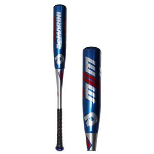 Side view of a blue baseball bat with DeMarini branding and red stripes.
