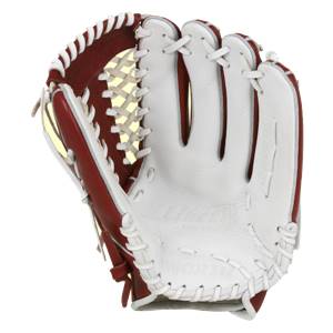 Front view of a white and maroon baseball glove with white lacing and WORTH text.