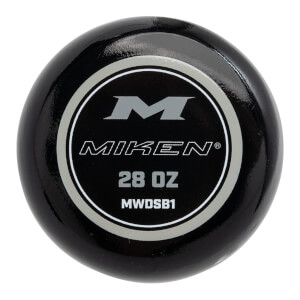 Close-up of a black softball bat end cap with a circular Miken logo, 28 OZ, and MWDSB1.