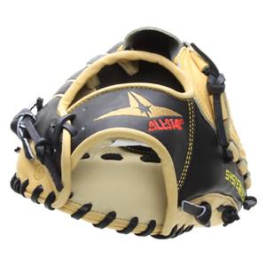 Top-down view of a black and tan baseball glove with gold All-Star logo and SYSTEM 7 text.