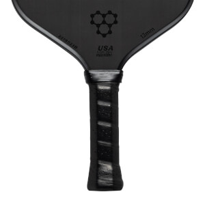 Top-down view of a black pickleball paddle with a honeycomb logo, USA PICKLEBALL APPROVED, and 13mm text.