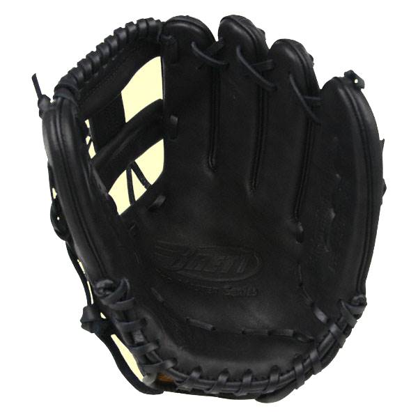 Front view of a black baseball glove with Brett and Pro Master Series embossed on the palm.