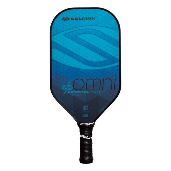 Front view of a blue Selkirk Omni pickleball paddle with a textured grip and wave design.