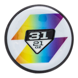 End view of a white fastpitch softball bat with rainbow accents and 31 21 OZ marking.