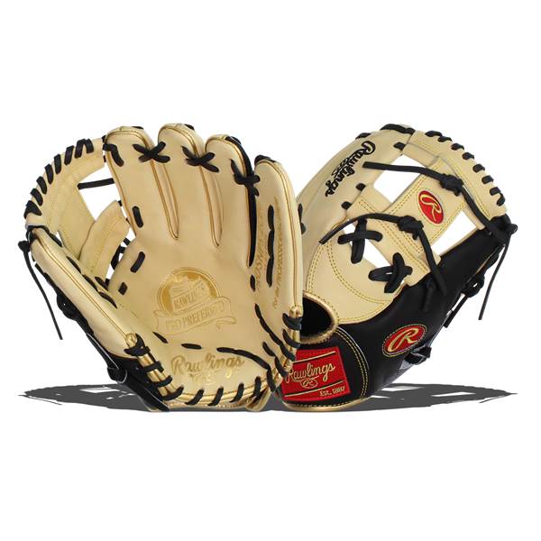 Front view of a tan and black baseball glove with Rawlings branding and PRO PREFERRED text.