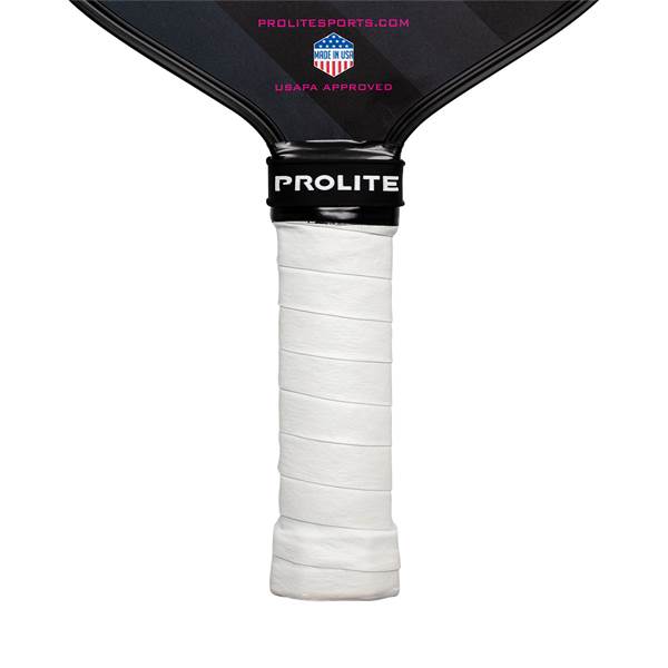 Close-up of a white grip on a black PROLITE pickleball paddle with USAPA Approved and Made in USA logos.