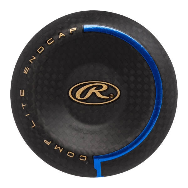 Top-down view of a black baseball bat endcap with gold Rawlings logo and blue accents.