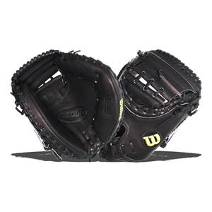 Front view of black baseball catchers mitts with white stitching and a yellow Wilson W logo.