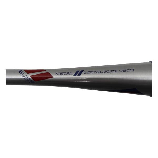 Side view of a silver baseball bat with ALLOY, METAL, and METAL FLEX TECH text.