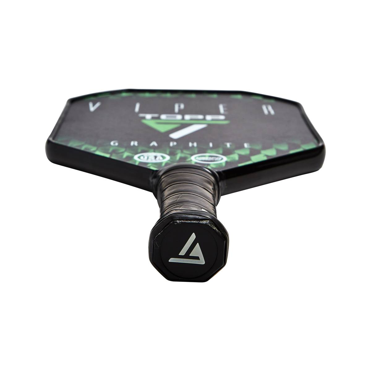 Top-down view of a black pickleball paddle with green checkered pattern and TOPP VIPER GRAPHITE text.