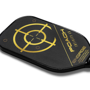 Top-down view of a black pickleball paddle with a gold target design and POACH INFINITY LX text.