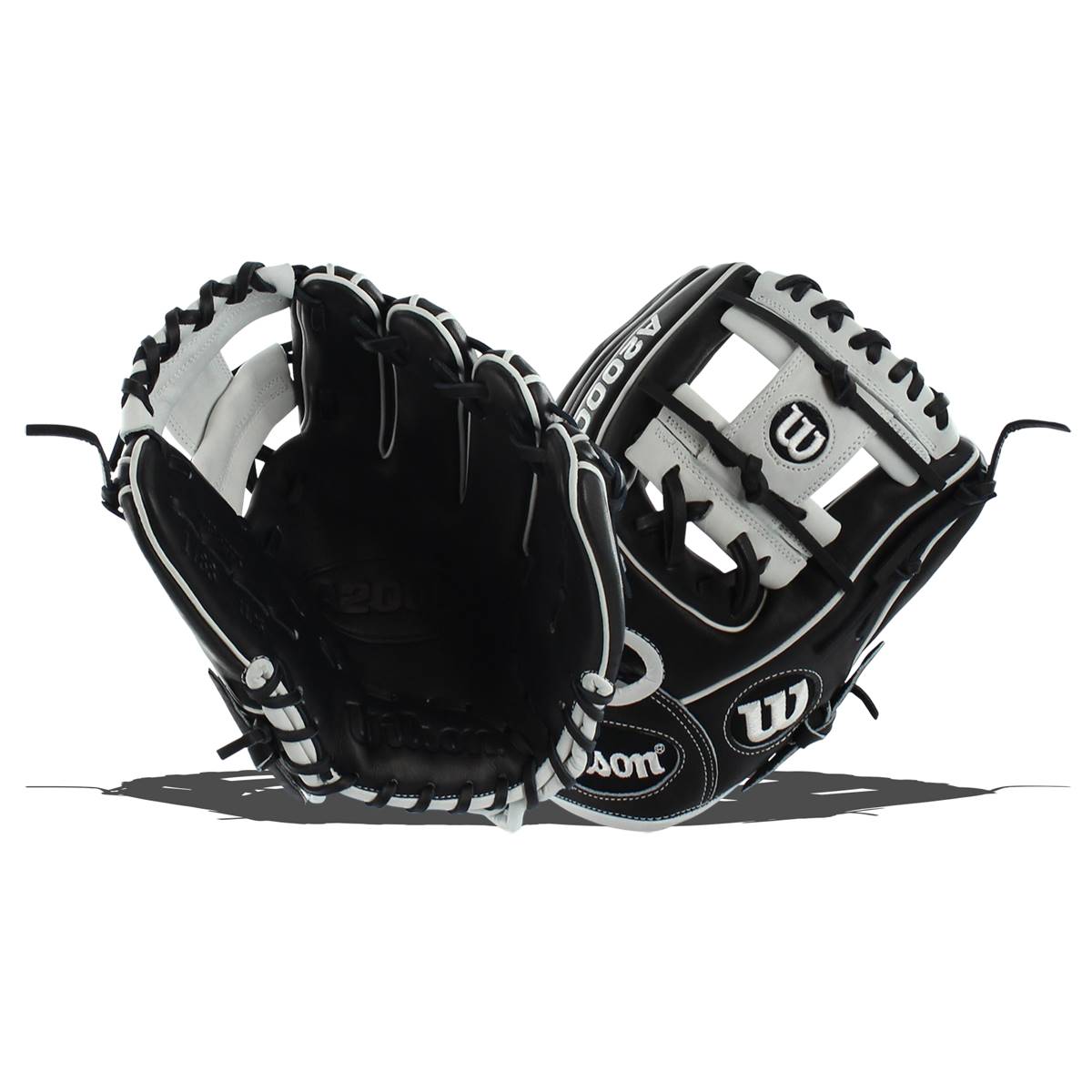 Top-down view of black and white Wilson A2000 baseball gloves with A2000 and Wilson text.