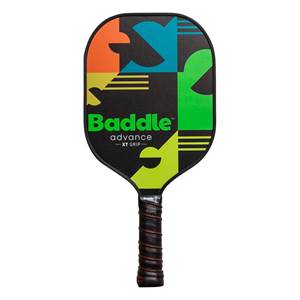 Front view of a black pickleball paddle with colorful geometric accents and Baddle advance -XT GRIP- text.