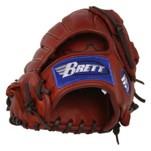 Side view of a brown baseball glove with a blue Brett patch and dark lacing.