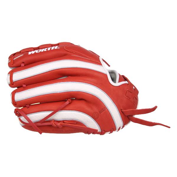 Side view of a red baseball glove with white stripes and WORTH text.