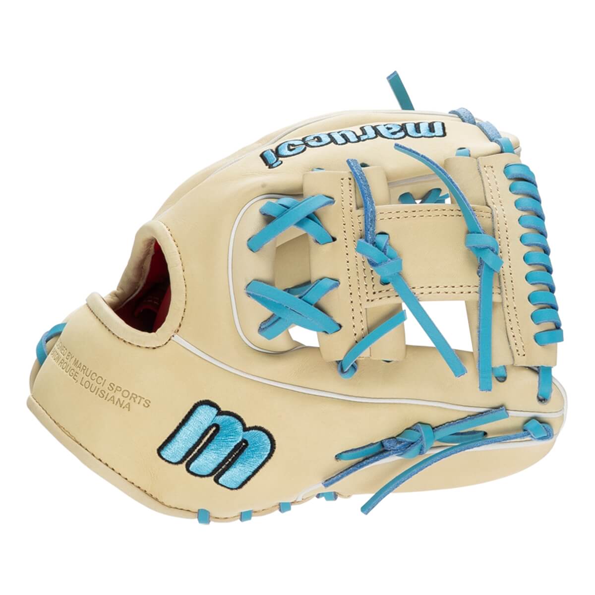 Side view of a tan baseball glove with blue laces and a blue m logo.