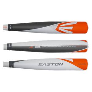 Top-down view of a white, orange, and black baseball bat with Easton branding.