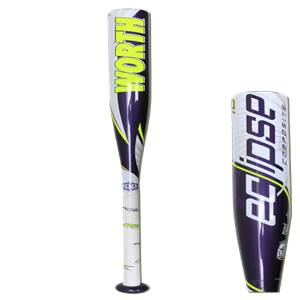 Front view of a purple and white softball bat with yellow WORTH text and white grip.