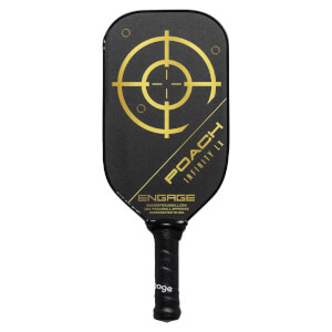 Front view of a black pickleball paddle with a gold target, POACH INFINITY LX text, and ENGAGE logo.