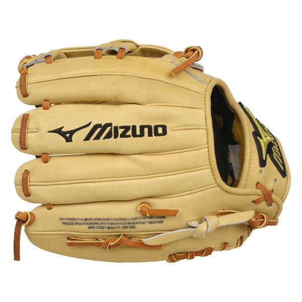 Front view of a tan baseball glove with black Mizuno branding and tan lacing.