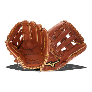 Front view of a brown baseball glove with PRO SELECT and Mizuno branding.