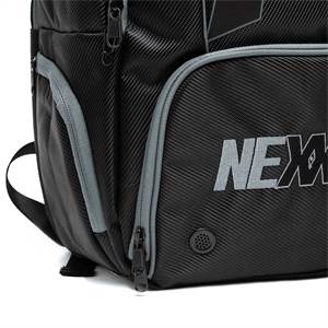 Close-up of a black Nexxed pickleball backpack with grey trim, zippers, and visible branding.