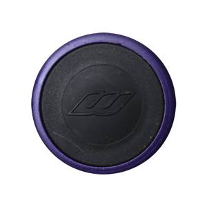 Top-down view of a purple softball bat end cap with a black circular grip and a white W logo.