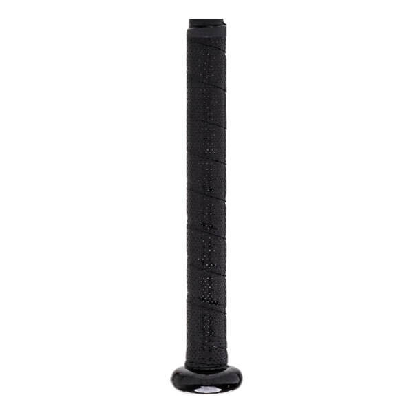 Close-up of a black baseball bat grip with a textured, perforated surface and a shiny black knob.