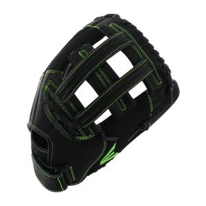Top-down view of a black softball glove with neon green stitching and a grid-like web.