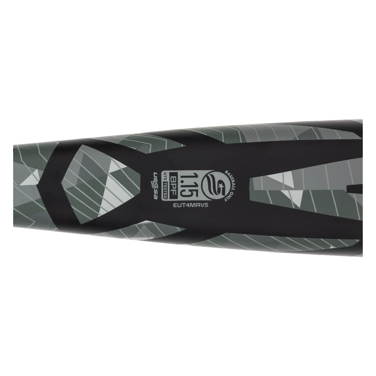 Close-up of the barrel shows a grey geometric camo pattern and the USSSA 1.15 BPF certification stamp with text reading BASEBALL ONLY, NTS TESTED, and EUT4MAV5.