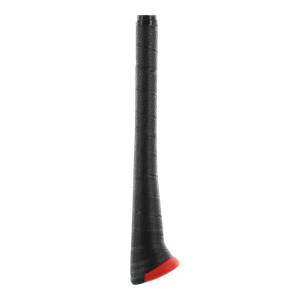 Close-up of a black baseball bat grip with a red end cap.